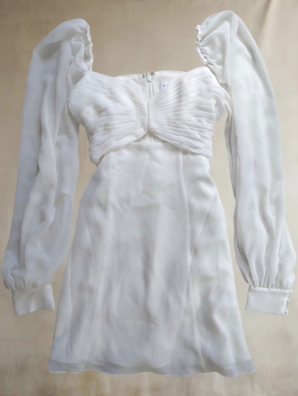 Fame and Partners White Mini Dress Pleated Bodice Cutout Sheer Sleeves Sz 4